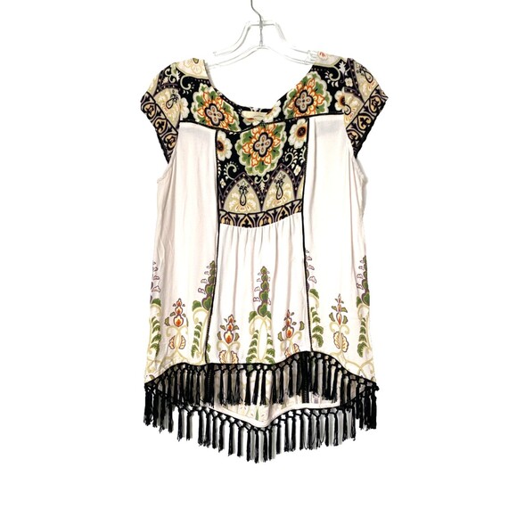 Vanessa Virginia Anthropologie Top Augustina Size S Fringed Boho Floral Beige - Picture 1 of 14
